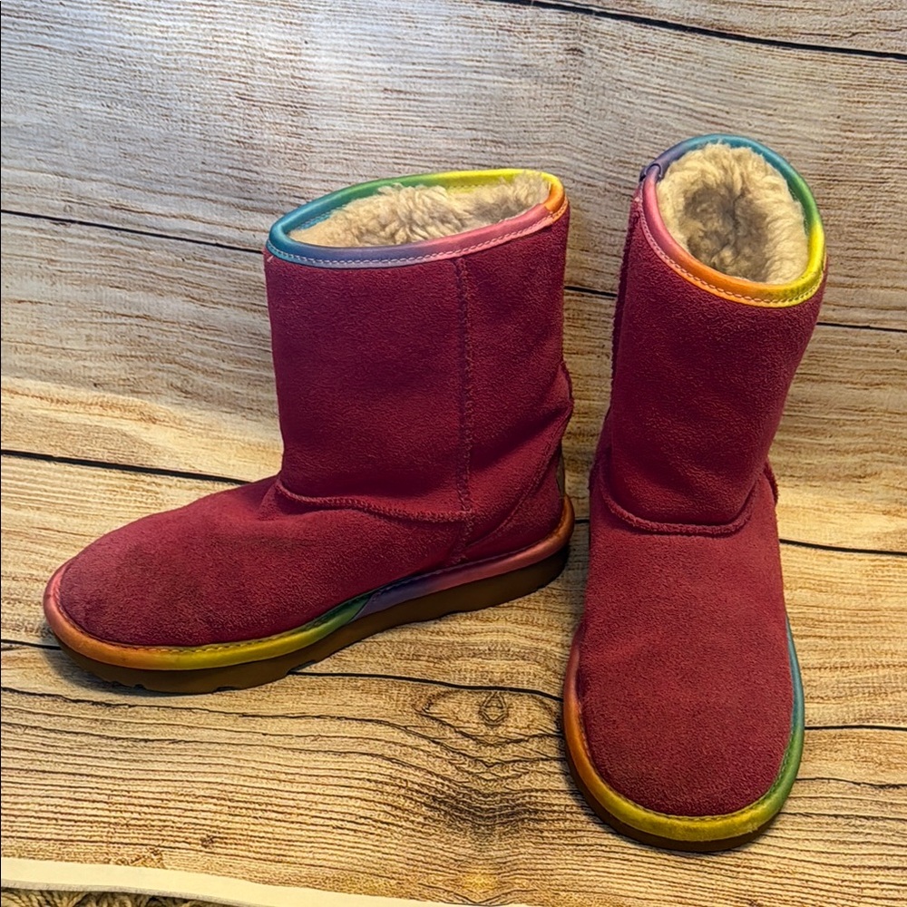 Ugg pink boots with rainbow trim